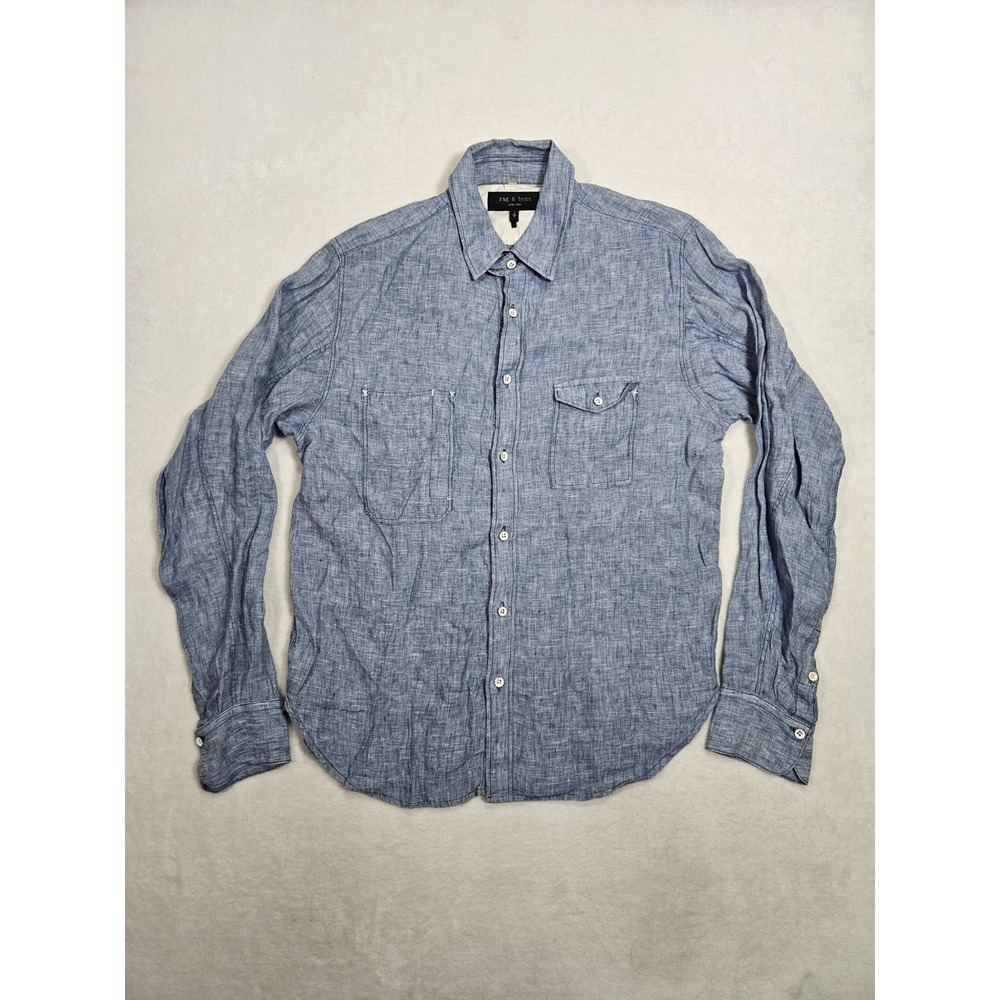 Rag & Bone Blue‎ Shirt Linen Blend Small Men's Long Sleeve Designer Button